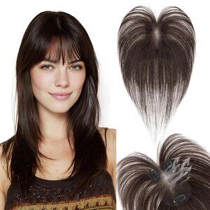 NEW #2 Chocolate Human Hair Topper Wispy Bangs Lace Base Piece Cover Top Scalp